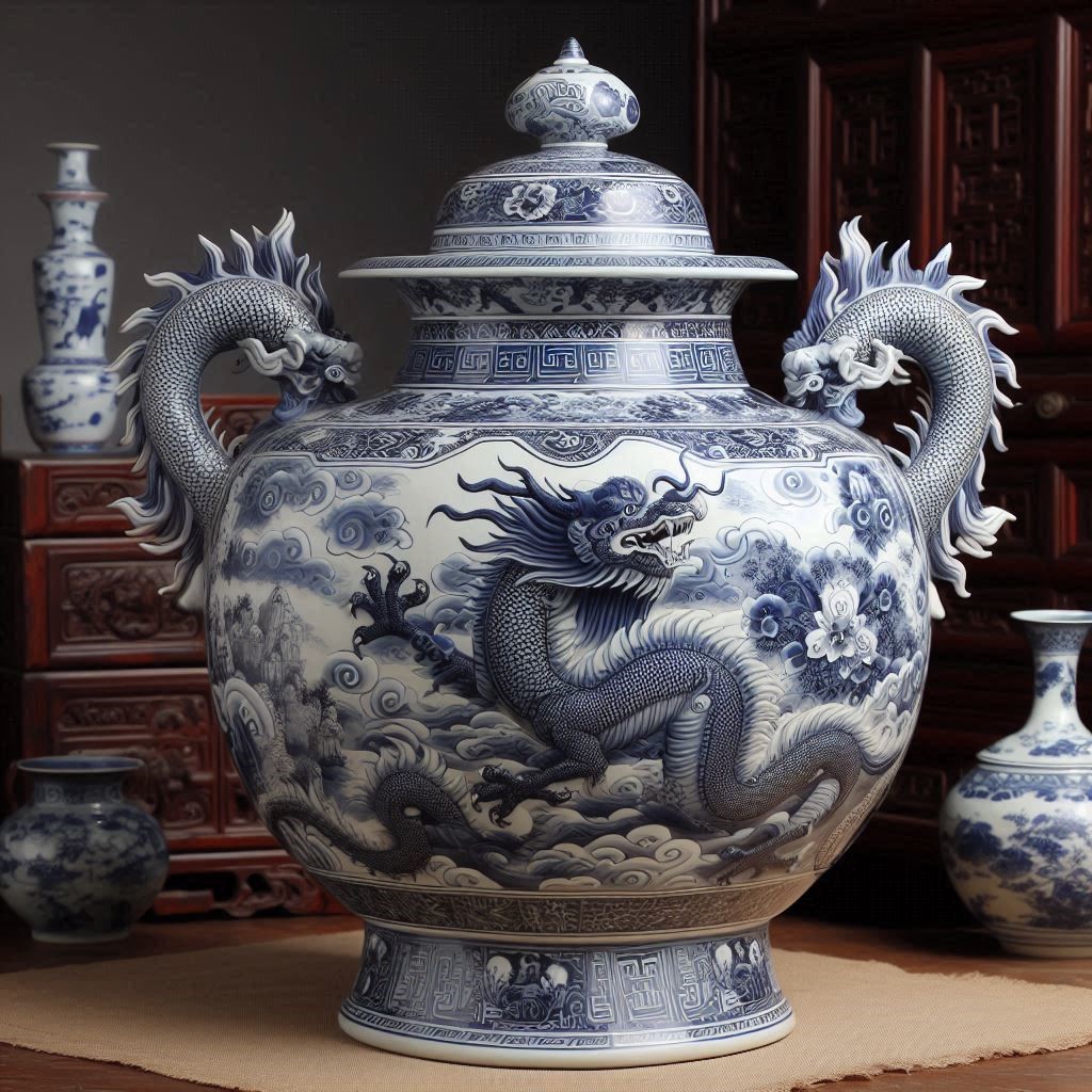 18th chinese tea blue white vase dragon handles